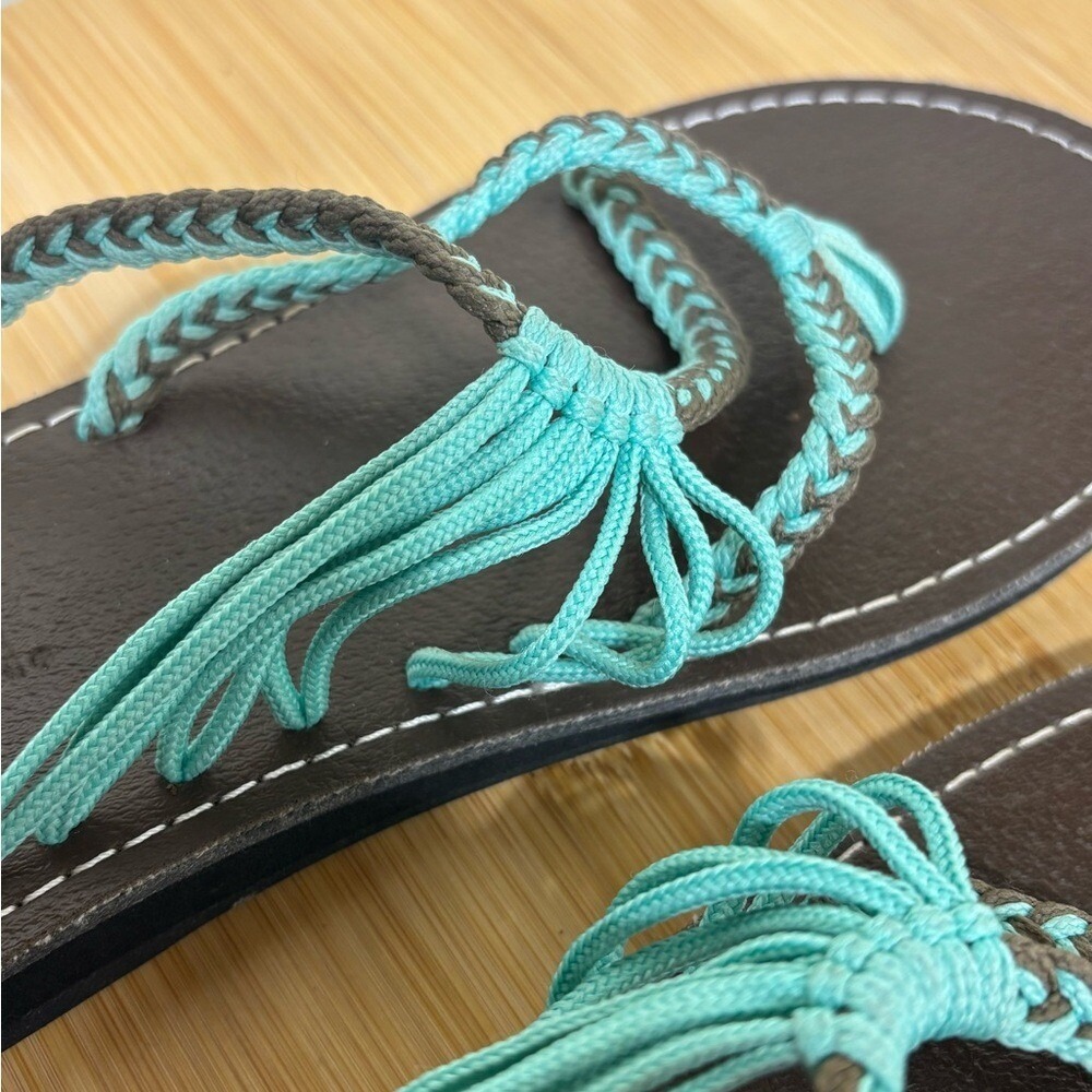 Plaka Oceanside Flat Sandals Size 8 Turquoise Brown Braided Rope Bohemian - Picture 6 of 8